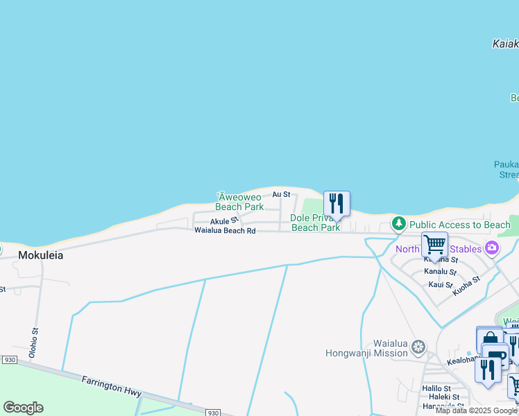 map of restaurants, bars, coffee shops, grocery stores, and more near 68-171 Au Street in Waialua