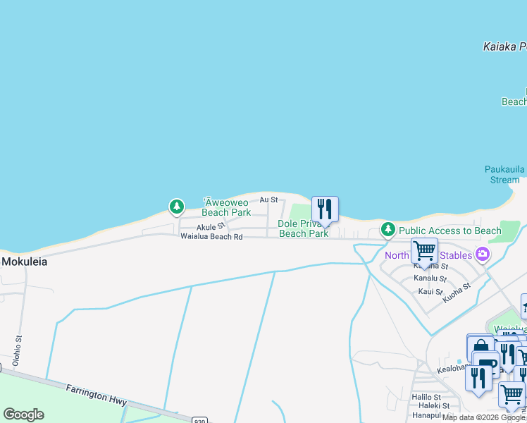 map of restaurants, bars, coffee shops, grocery stores, and more near 68-134 Au Street in Waialua