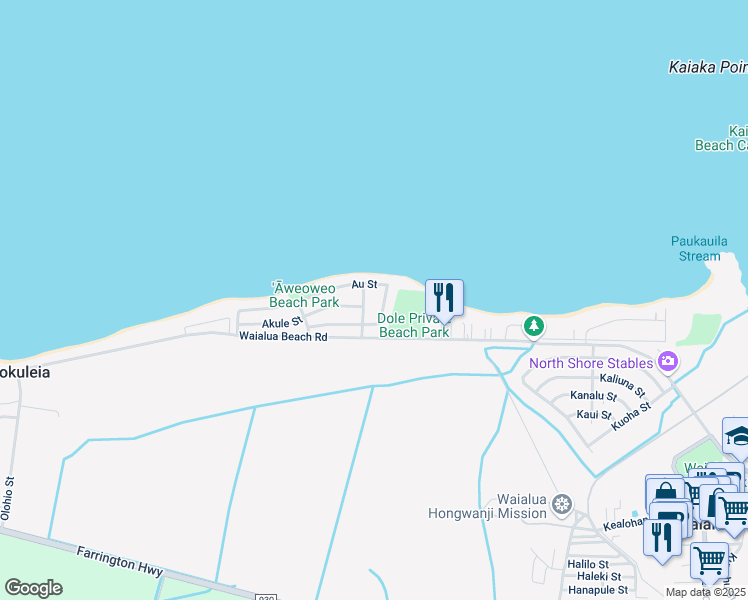 map of restaurants, bars, coffee shops, grocery stores, and more near 68-90 Au Street in Waialua
