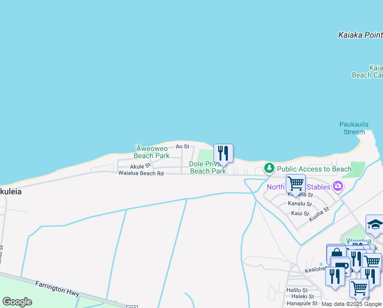 map of restaurants, bars, coffee shops, grocery stores, and more near 68-109 Au Street in Waialua