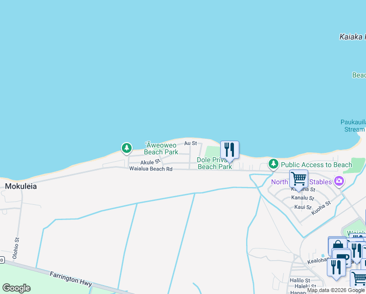 map of restaurants, bars, coffee shops, grocery stores, and more near 68-134 Au Street in Waialua