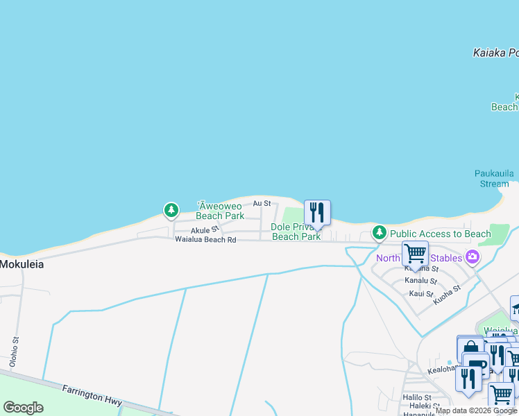 map of restaurants, bars, coffee shops, grocery stores, and more near 68-134 Au Street in Waialua
