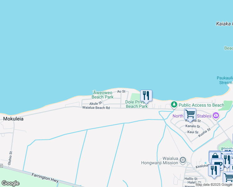 map of restaurants, bars, coffee shops, grocery stores, and more near 68-134 Au Street in Waialua