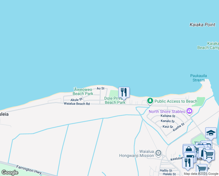 map of restaurants, bars, coffee shops, grocery stores, and more near 68-109 Au Street in Waialua