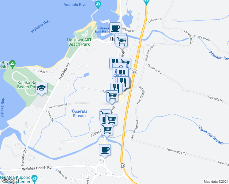 map of restaurants, bars, coffee shops, grocery stores, and more near Kilioe Place in Haleiwa