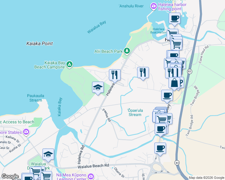 map of restaurants, bars, coffee shops, grocery stores, and more near 66-390 Haleiwa Road in Haleiwa