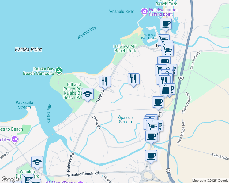 map of restaurants, bars, coffee shops, grocery stores, and more near 66-386H Haleiwa Road in Haleiwa