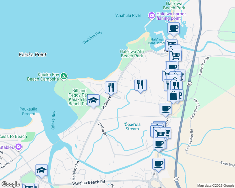 map of restaurants, bars, coffee shops, grocery stores, and more near 66-386H Haleiwa Road in Haleiwa