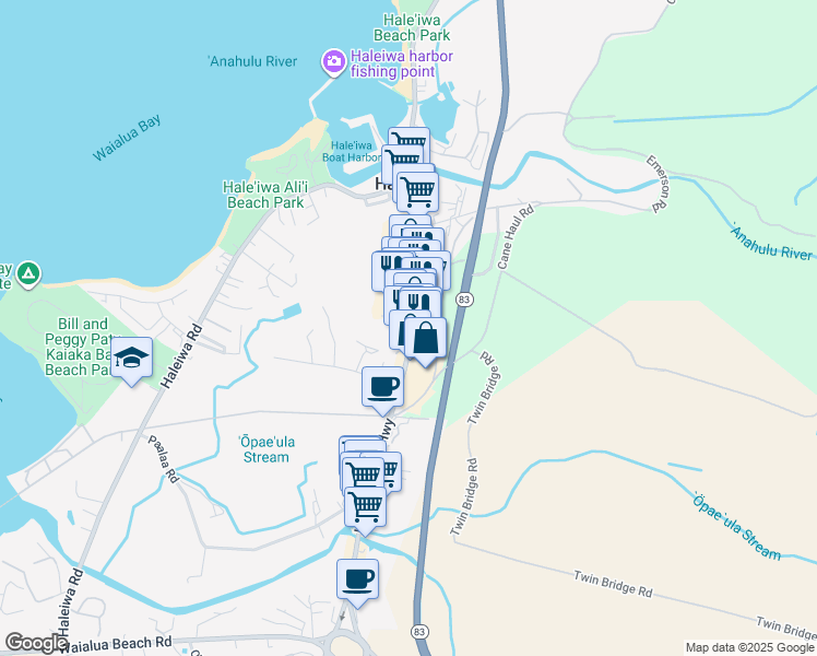 map of restaurants, bars, coffee shops, grocery stores, and more near 66-200 Kamehameha Highway in Haleiwa