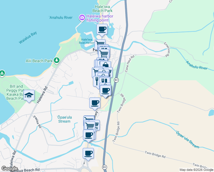 map of restaurants, bars, coffee shops, grocery stores, and more near 66-200 Kamehameha Highway in Haleiwa
