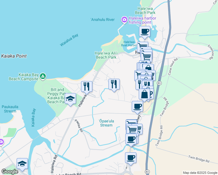 map of restaurants, bars, coffee shops, grocery stores, and more near 66-179 Achiu Lane in Haleiwa