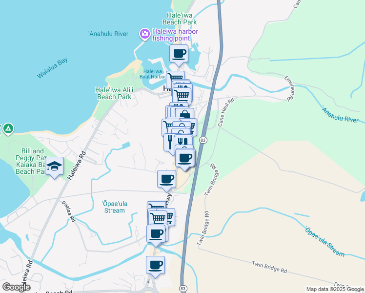 map of restaurants, bars, coffee shops, grocery stores, and more near 66-200 Kamehameha Highway in Haleiwa