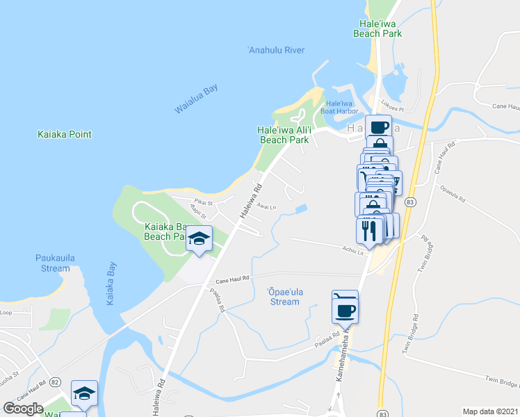 map of restaurants, bars, coffee shops, grocery stores, and more near 66-119 Awai Lane in Haleiwa