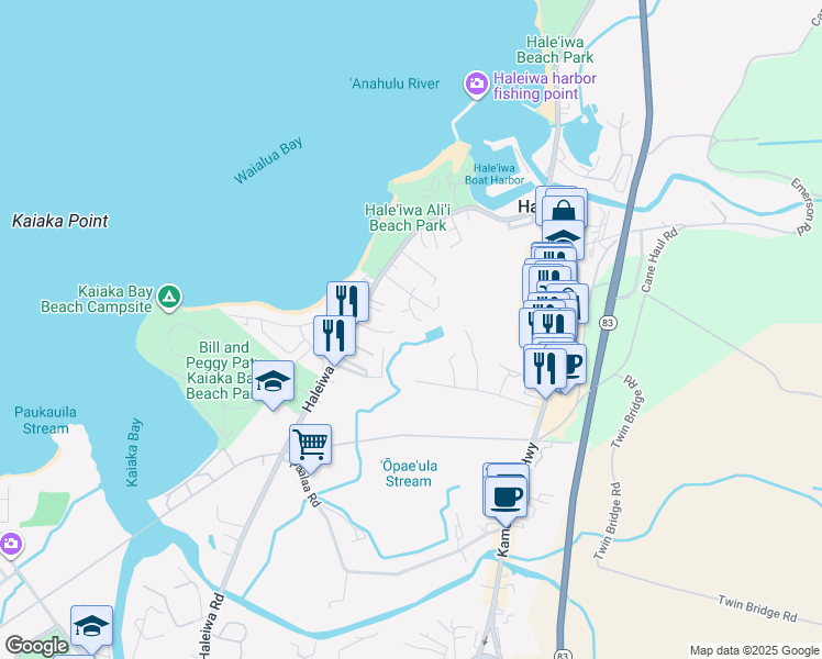 map of restaurants, bars, coffee shops, grocery stores, and more near 66-179 Achiu Lane in Haleiwa