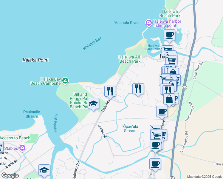 map of restaurants, bars, coffee shops, grocery stores, and more near 66-371A Haleiwa Road in Haleiwa
