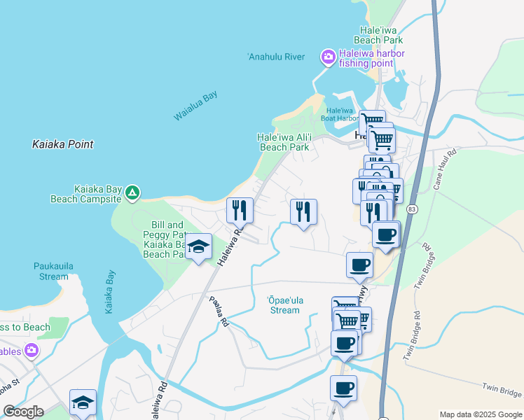 map of restaurants, bars, coffee shops, grocery stores, and more near 66-119 Awai Lane in Haleiwa