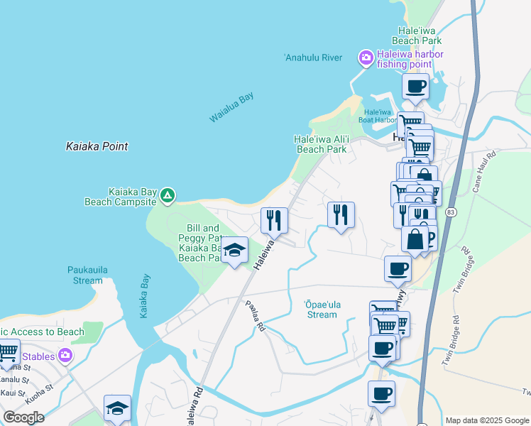 map of restaurants, bars, coffee shops, grocery stores, and more near 66-371A Haleiwa Road in Haleiwa