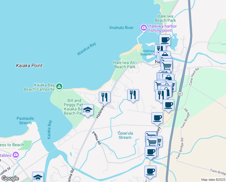 map of restaurants, bars, coffee shops, grocery stores, and more near 66-285 Haleiwa Road in Haleiwa