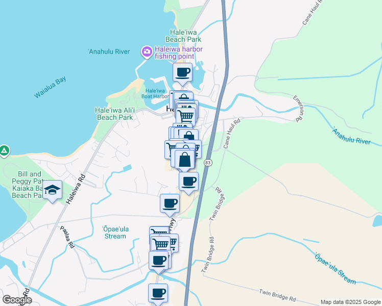 map of restaurants, bars, coffee shops, grocery stores, and more near 66-145 Kamehameha Highway in Haleiwa