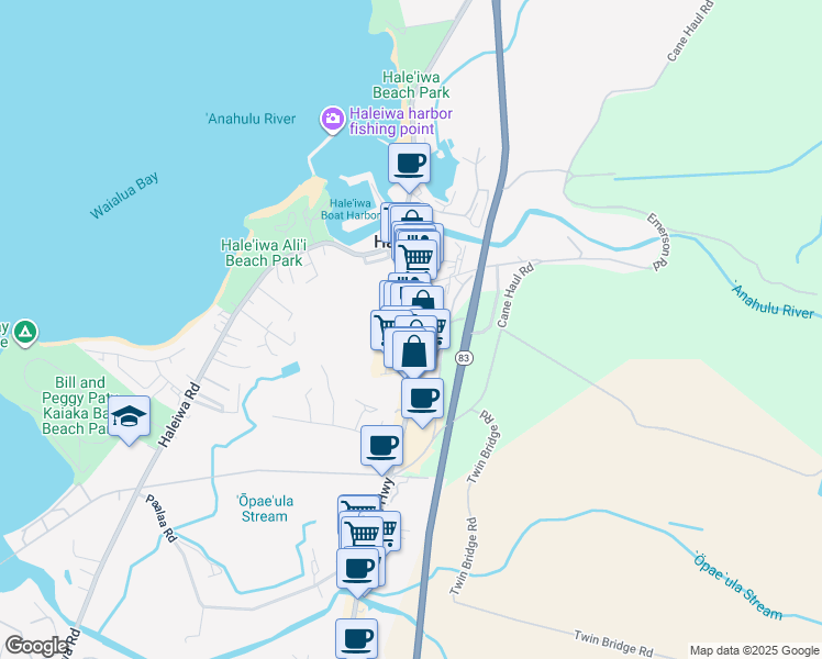 map of restaurants, bars, coffee shops, grocery stores, and more near 66-145 Kamehameha Highway in Haleiwa