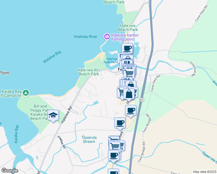 map of restaurants, bars, coffee shops, grocery stores, and more near 66-140 Naoiwi Lane in Haleiwa