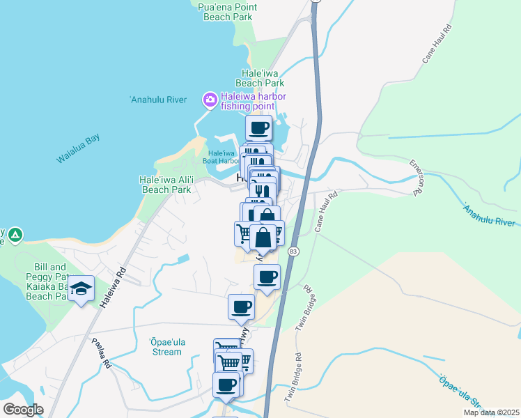 map of restaurants, bars, coffee shops, grocery stores, and more near 66-087 Kamehameha Highway in Haleiwa