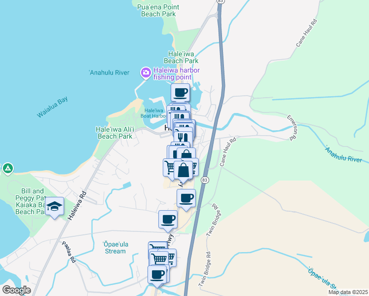 map of restaurants, bars, coffee shops, grocery stores, and more near 66-087 Kamehameha Highway in Haleiwa