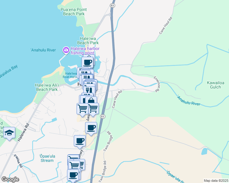 map of restaurants, bars, coffee shops, grocery stores, and more near 62-164A Emerson Road in Haleiwa