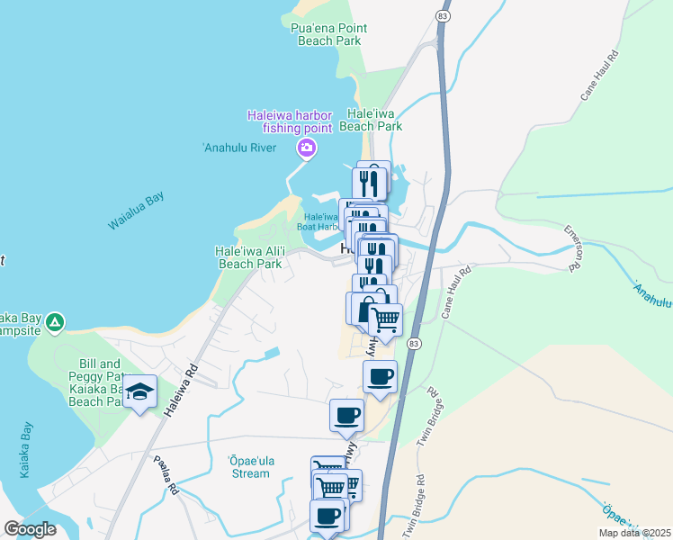 map of restaurants, bars, coffee shops, grocery stores, and more near 66-23 Haleiwa Loop in Haleiwa