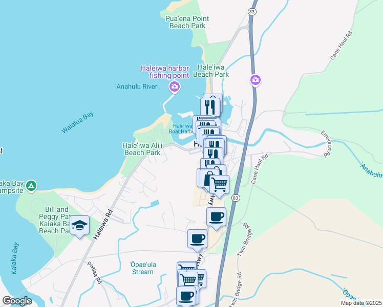 map of restaurants, bars, coffee shops, grocery stores, and more near 66-23 Haleiwa Loop in Haleiwa