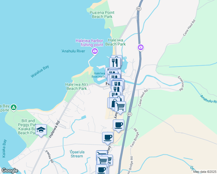 map of restaurants, bars, coffee shops, grocery stores, and more near 66-23 Haleiwa Loop in Haleiwa