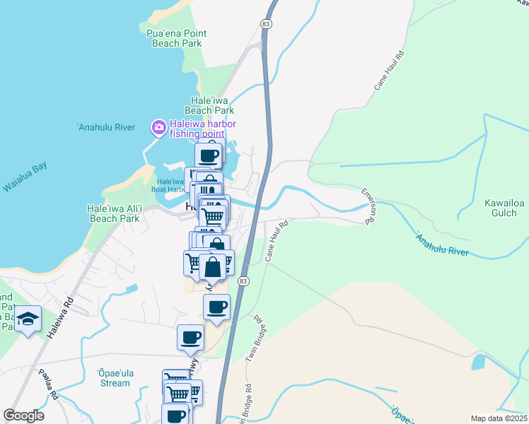 map of restaurants, bars, coffee shops, grocery stores, and more near 62-164A Emerson Road in Haleiwa