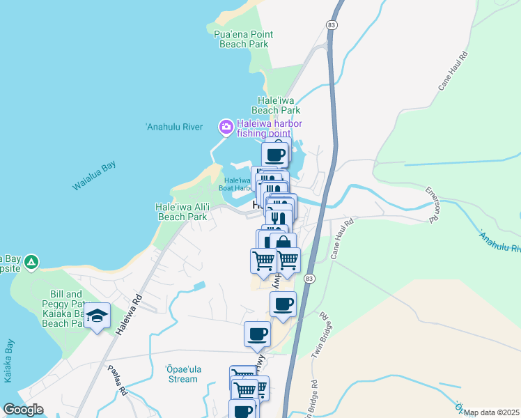 map of restaurants, bars, coffee shops, grocery stores, and more near 66 Haleiwa Road in Haleiwa