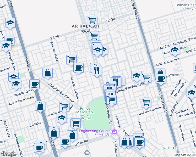 map of restaurants, bars, coffee shops, grocery stores, and more near Al Makarunah Road in Jeddah