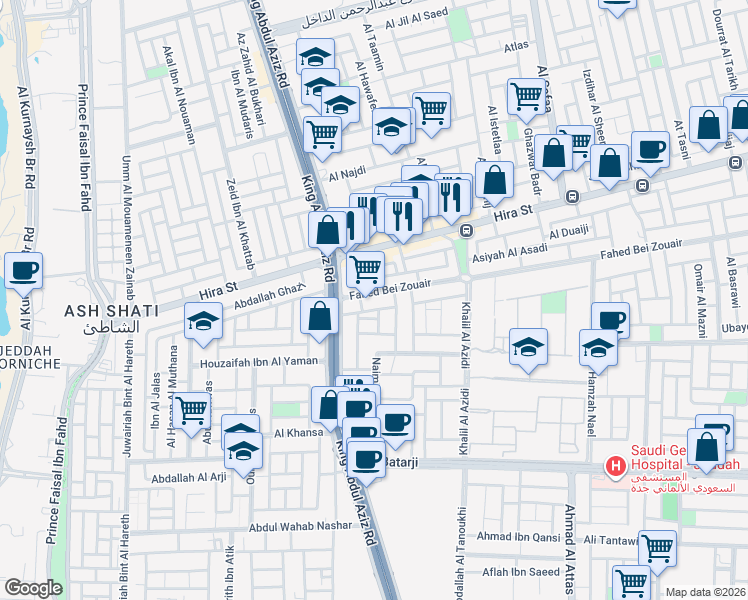 map of restaurants, bars, coffee shops, grocery stores, and more near 7571 Fahed Bei Zouair in Jeddah