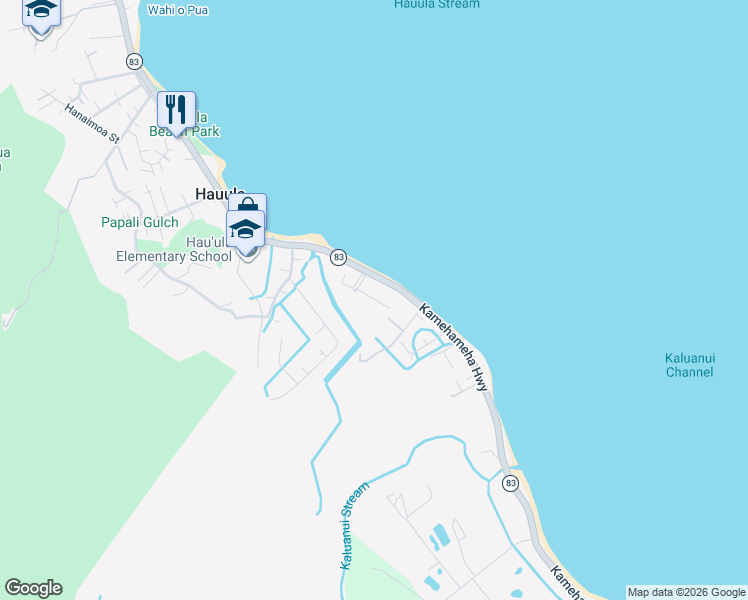 map of restaurants, bars, coffee shops, grocery stores, and more near 53-014F Makao Road in Hauula