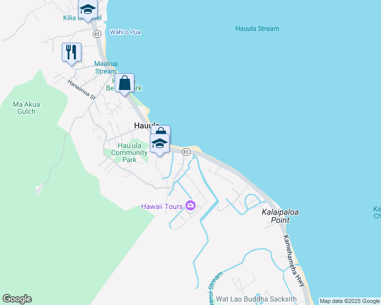 map of restaurants, bars, coffee shops, grocery stores, and more near Kamehameha Highway in Hauula