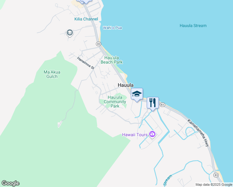 map of restaurants, bars, coffee shops, grocery stores, and more near Koolau Road in Hauula