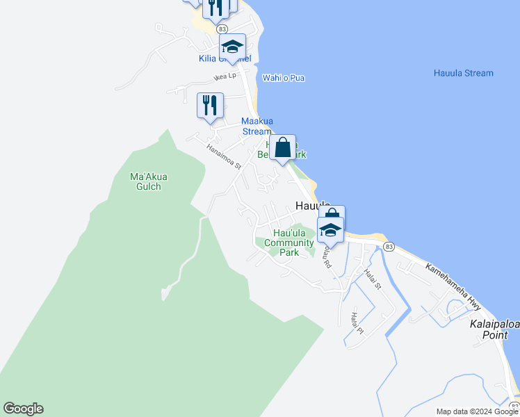 map of restaurants, bars, coffee shops, grocery stores, and more near 54-124 Kealalani Place in Hauula