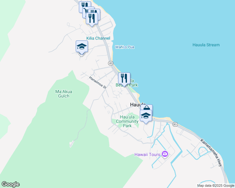map of restaurants, bars, coffee shops, grocery stores, and more near 54-253 Honomu Street in Hauula