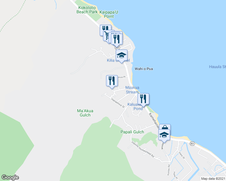 map of restaurants, bars, coffee shops, grocery stores, and more near 54053 Waikulama Street in Hauula