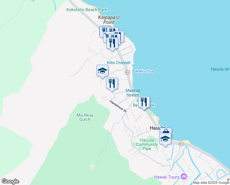 map of restaurants, bars, coffee shops, grocery stores, and more near 54053 Waikulama Street in Hauula