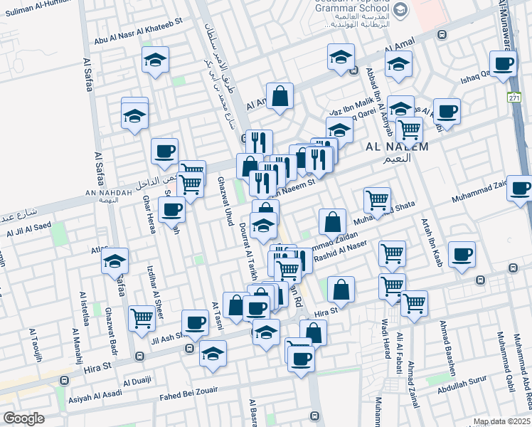 map of restaurants, bars, coffee shops, grocery stores, and more near Prince Sultan Road in Jeddah