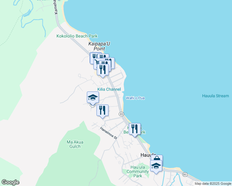 map of restaurants, bars, coffee shops, grocery stores, and more near 54230 Kamehameha Highway in Hauula