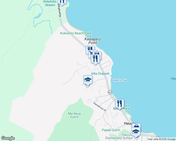 map of restaurants, bars, coffee shops, grocery stores, and more near 54-154 Kawaikini Street in Hauula
