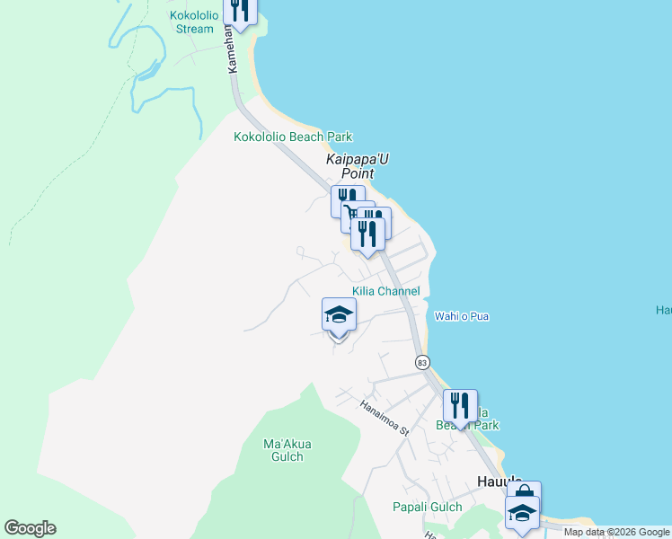 map of restaurants, bars, coffee shops, grocery stores, and more near 54-154 Kawaikini Street in Hauula