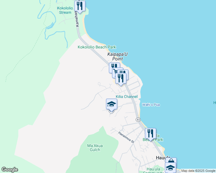 map of restaurants, bars, coffee shops, grocery stores, and more near 54-303 Kawaewae Way in Hauula