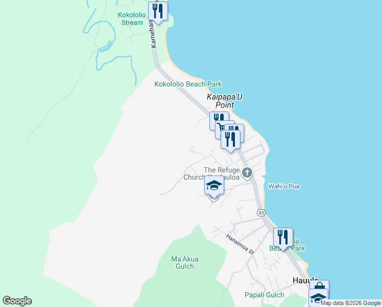 map of restaurants, bars, coffee shops, grocery stores, and more near 54-187 Kawaeku Street in Hauula
