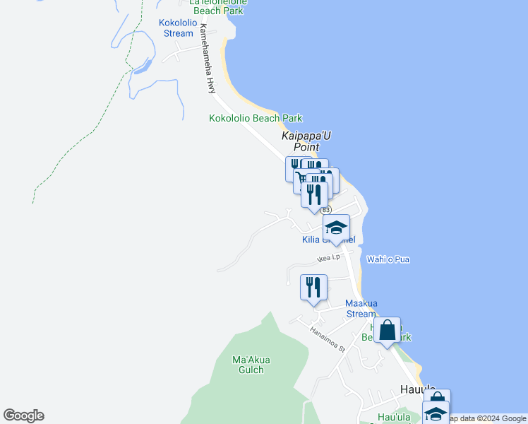 map of restaurants, bars, coffee shops, grocery stores, and more near 54 Kawaeku Street in Hauula