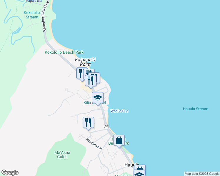 map of restaurants, bars, coffee shops, grocery stores, and more near 54-257 Kaipapau Loop in Hauula